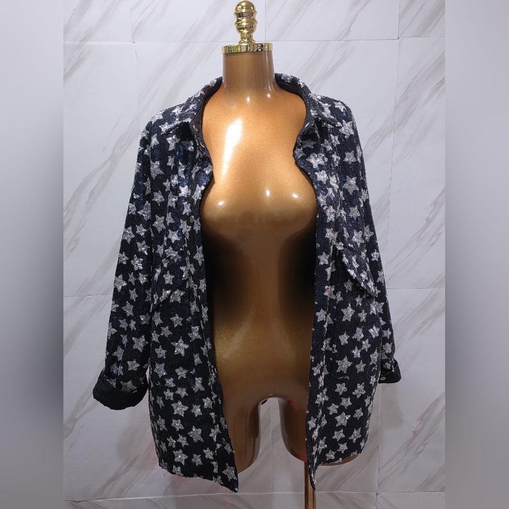 Zara Trafaluc Silver Star Blue Sequin Jacket Blazer